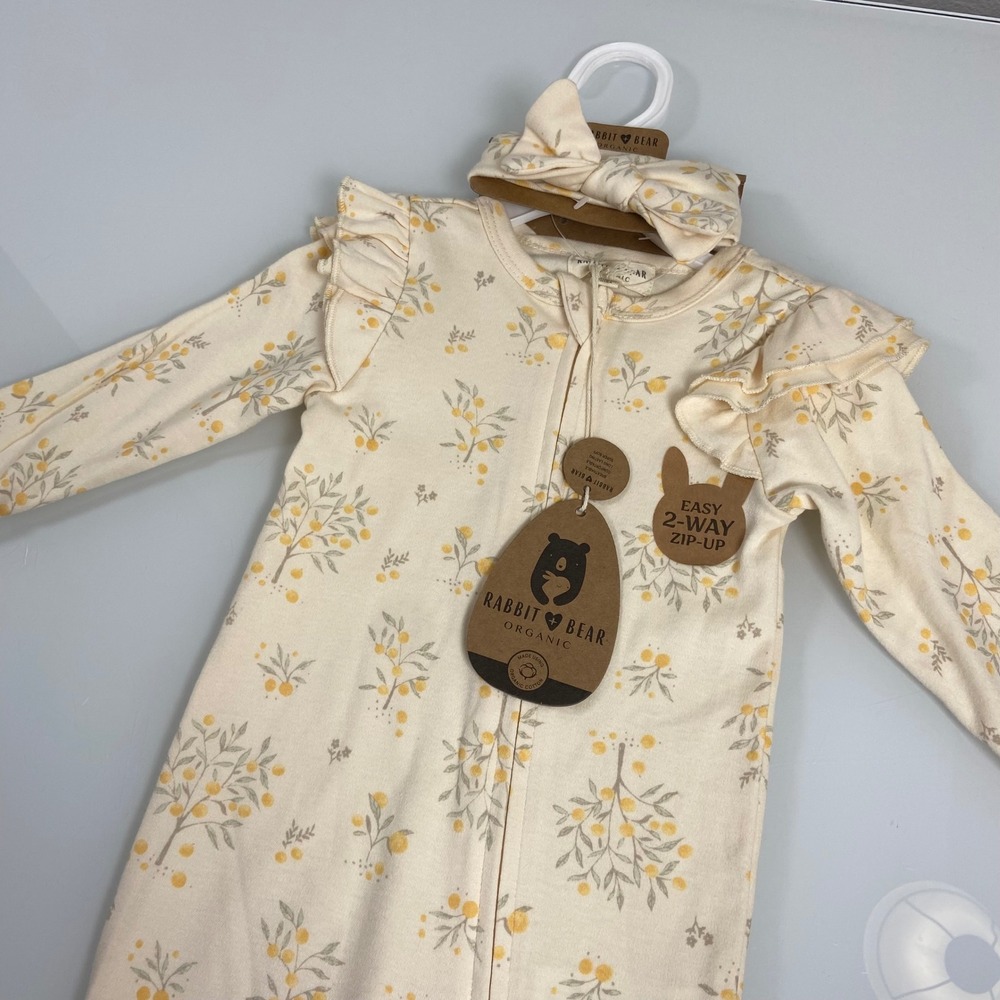 Rabbit + Bear Girls 6-9M Cream Floral Sleeper Set NEW 2-Way Zip Organic Cotton